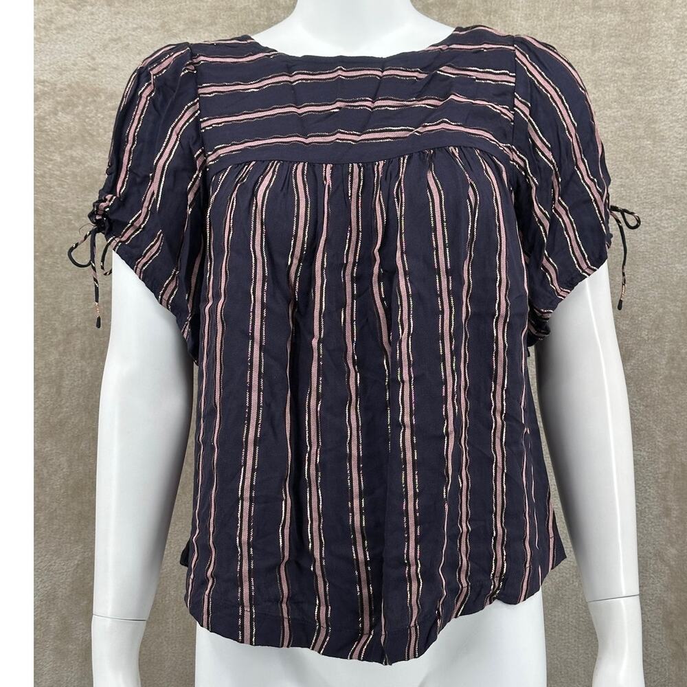 Anthropologie Top Womens Small Navy Cameron Tie Sleeve Metallic Stripe Boho